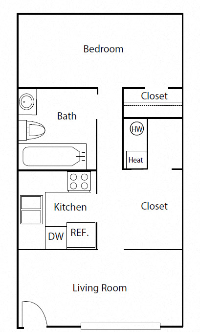 Floor plan for 1 bed, 1 bath, 730 sqft